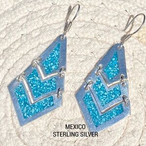 Taxco Mexico Sterling Silver Turquoise Chip Inlay Dangle Earrings